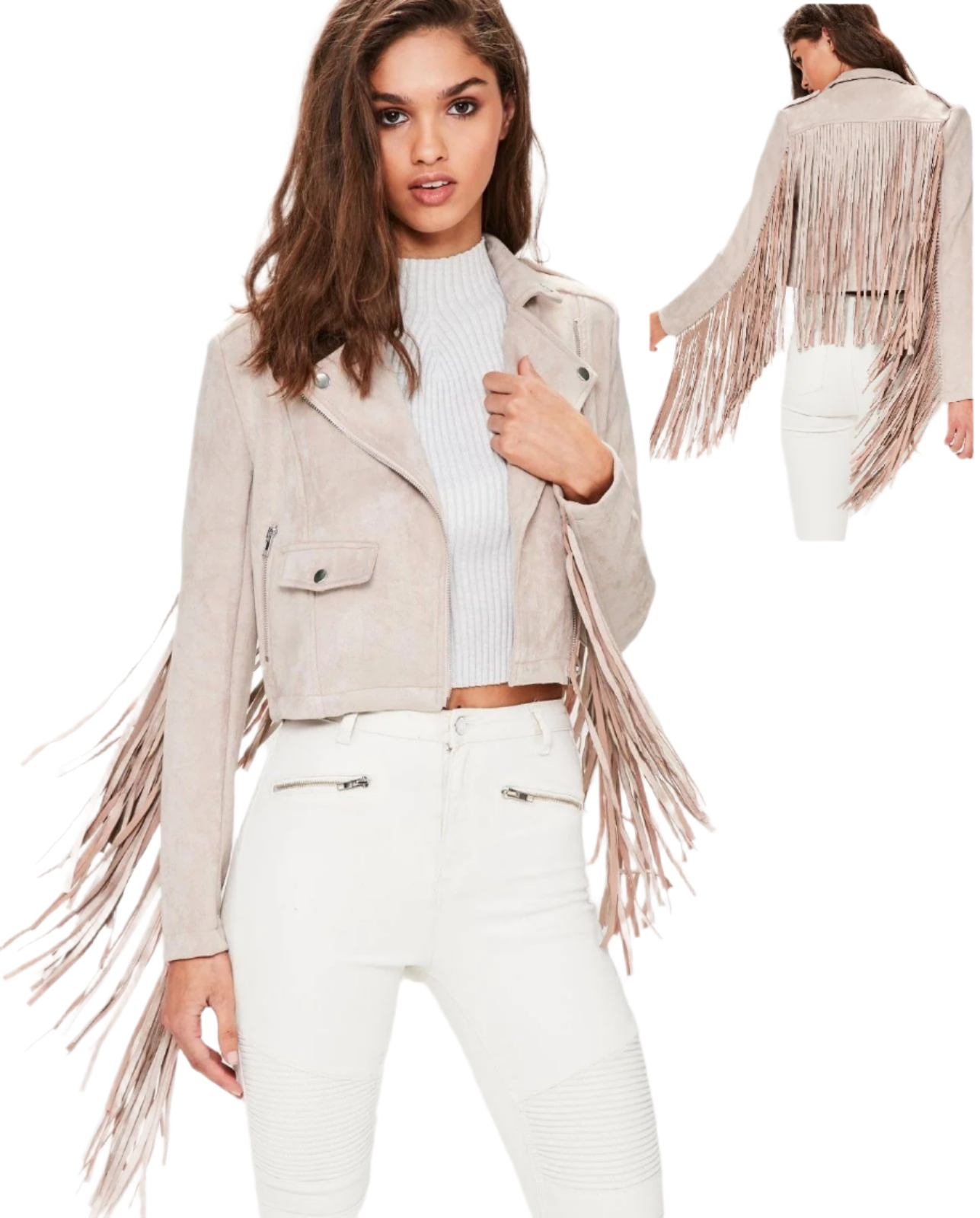 Cowgirl's Beige Leather Fringes Short Body Biker Jacket WWJ721