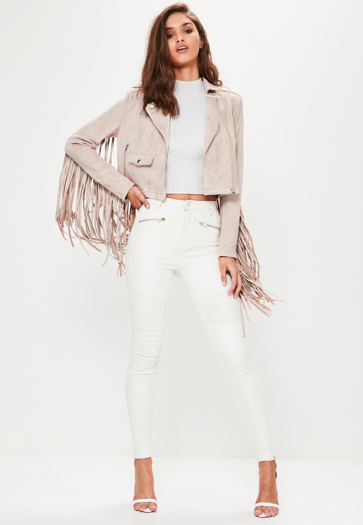 Cowgirl's Beige Leather Fringes Short Body Biker Jacket WWJ721