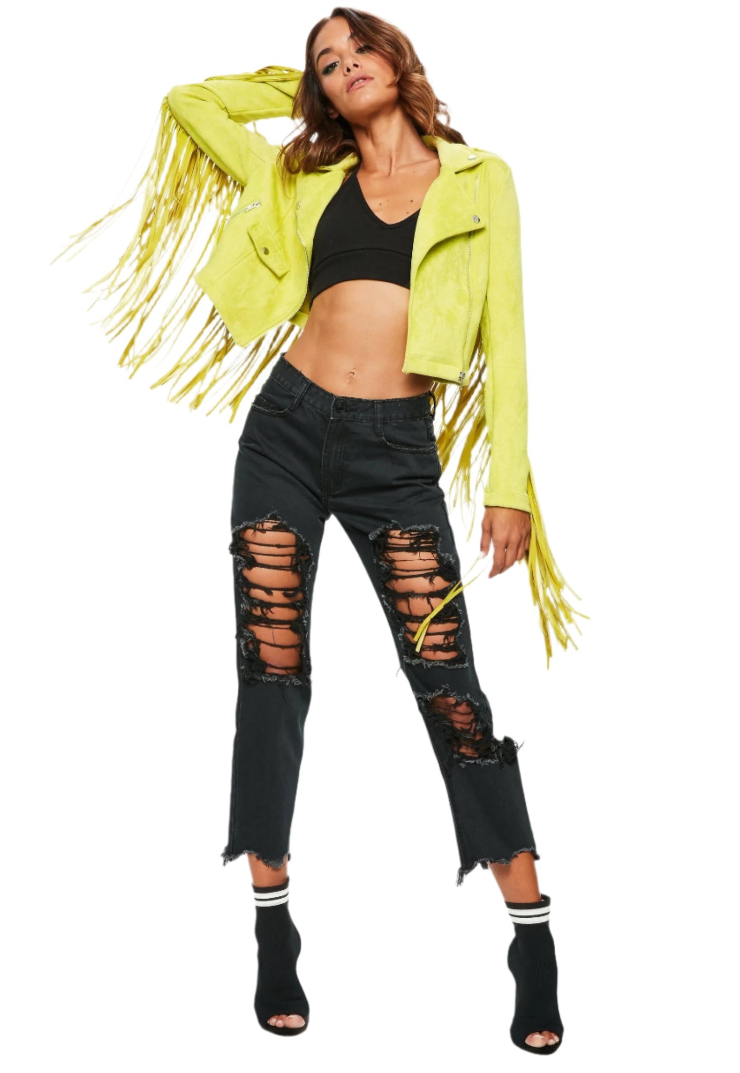 Cowgirl Florescent Green Suede Leather Fringes Biker Jacket WWJ684