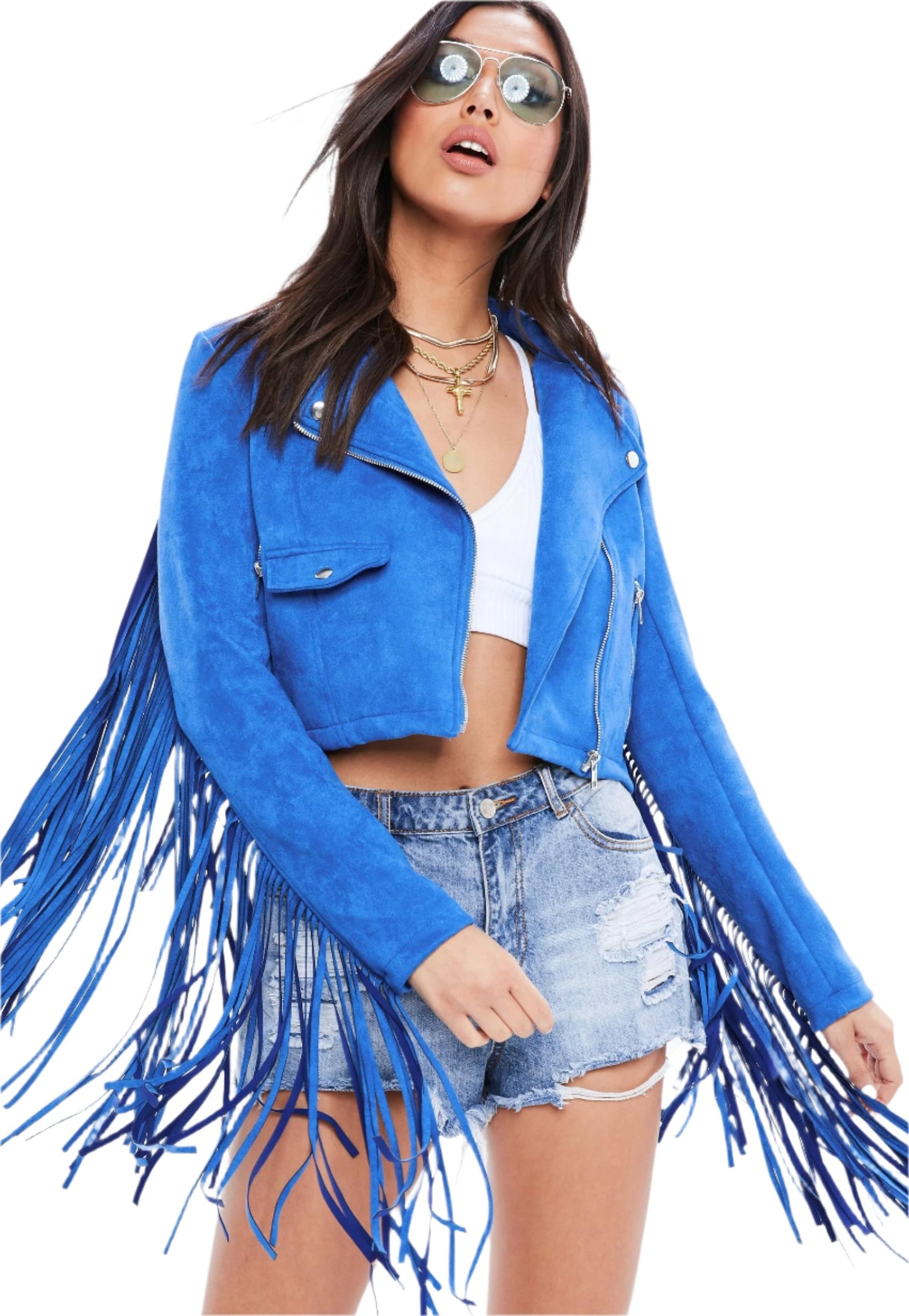 Blue Suede Leather Fringes Biker Jacket For Women WWJ661