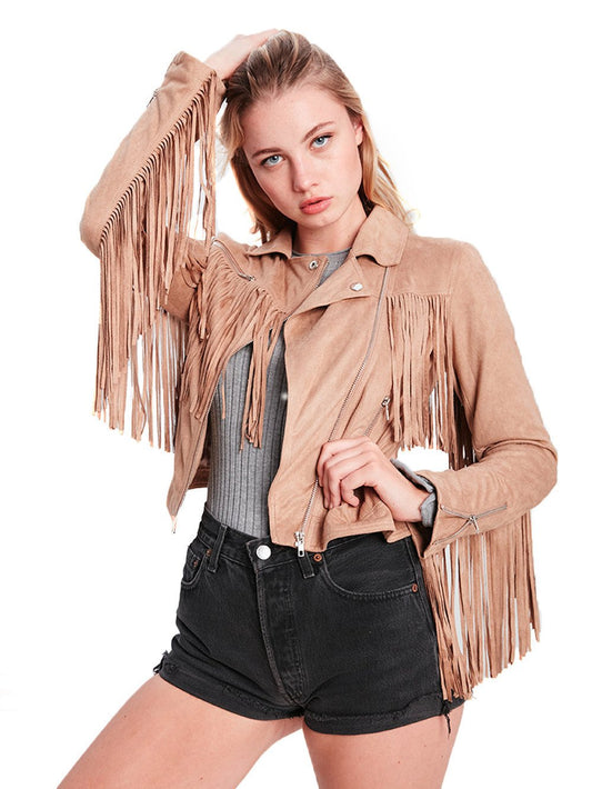 Cowgirl Beige Leather Fringes Short Biker Jacket WWJ723