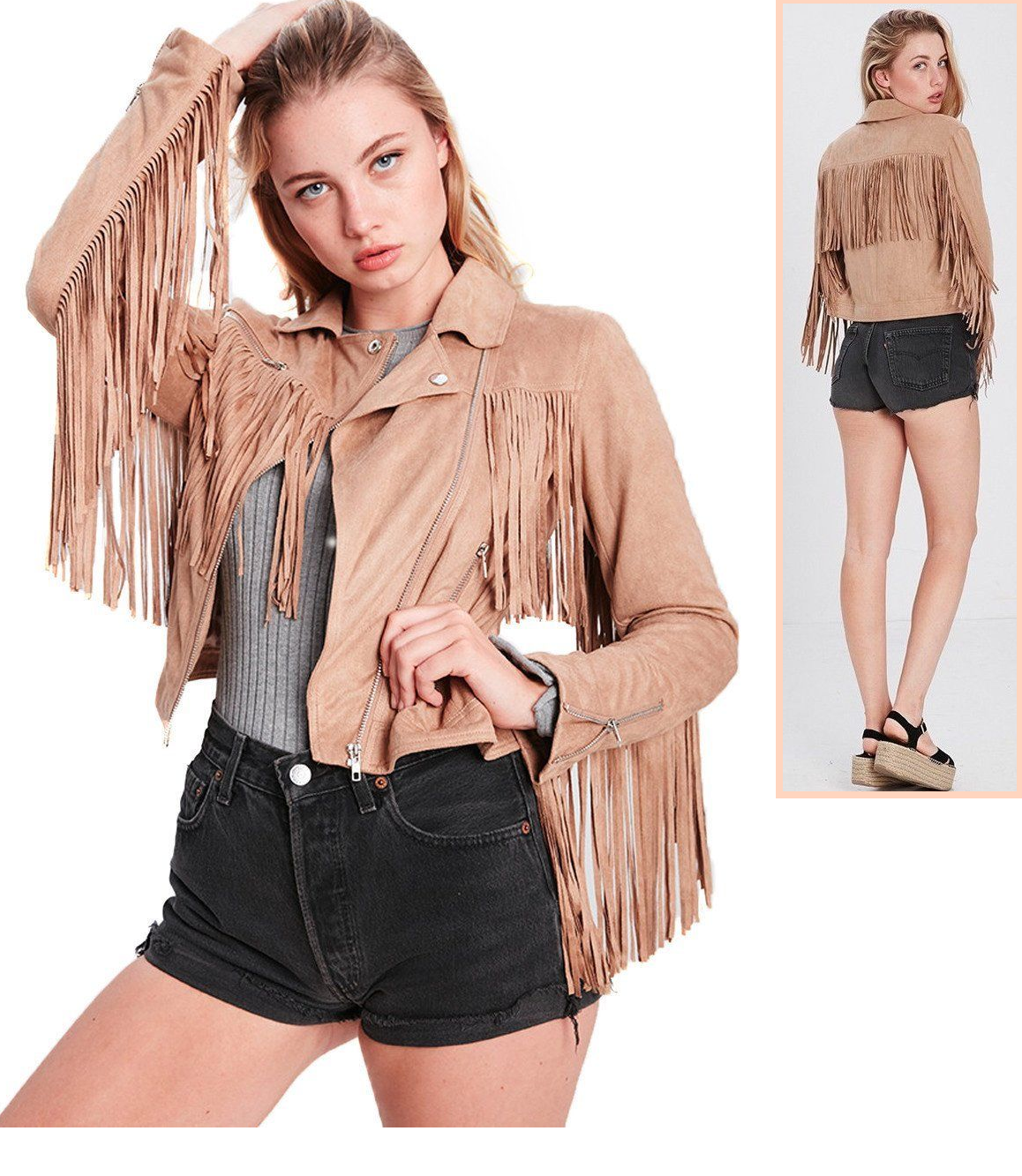 Cowgirl Beige Leather Fringes Short Biker Jacket WWJ723