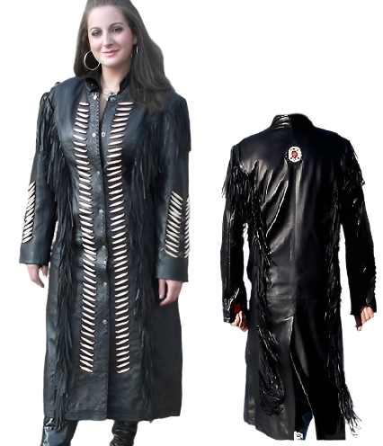 Cowgirl Black Leather Fringe Bone Beaded Long Coat Dress WWD715