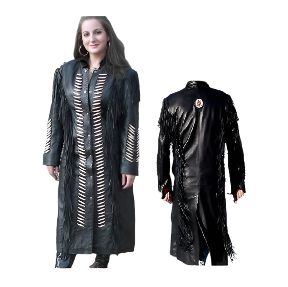 Cowgirl Black Leather Fringe Bone Beaded Long Coat Dress WWD715