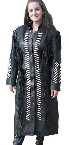 Cowgirl Black Leather Fringe Bone Beaded Long Coat Dress WWD715