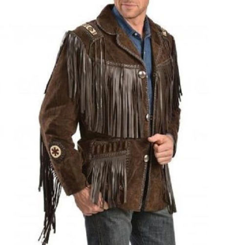 Men's Western Brown Suede Leather Fringe Bead Jacket MW822