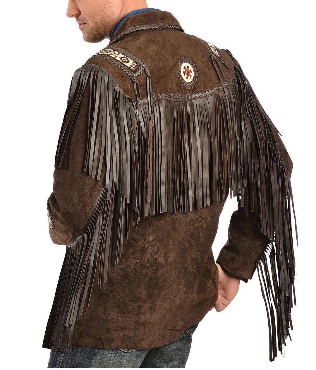 Men's Western Brown Suede Leather Fringe Bead Jacket MW822