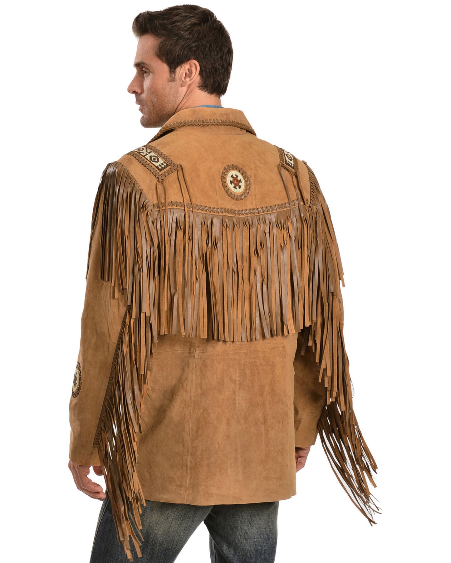 Men's Western Buckskin Suede Leather Beaded Fringes Jacket MWJ12