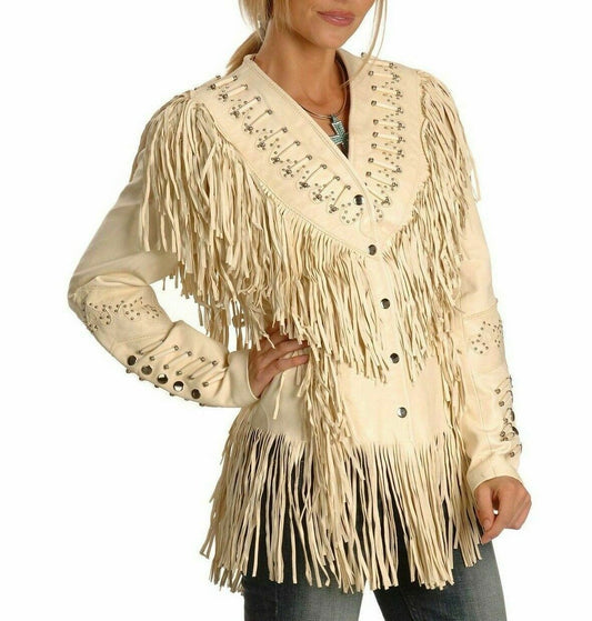 Cowgirl Beige Leather Fringes Bone work Jacket WWJ501