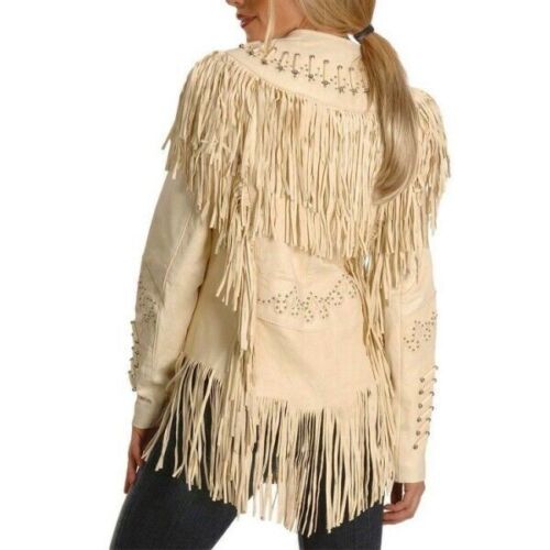 Cowgirl Beige Leather Fringes Bone work Jacket WWJ501