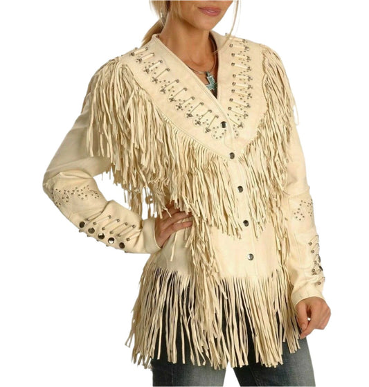 Cowgirl's Beige Leather Fringes Bone work Jacket WWJ778