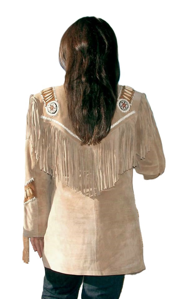 Western Look Beige Suede Leather Fringes Beaded Jacket For Women WWJ502