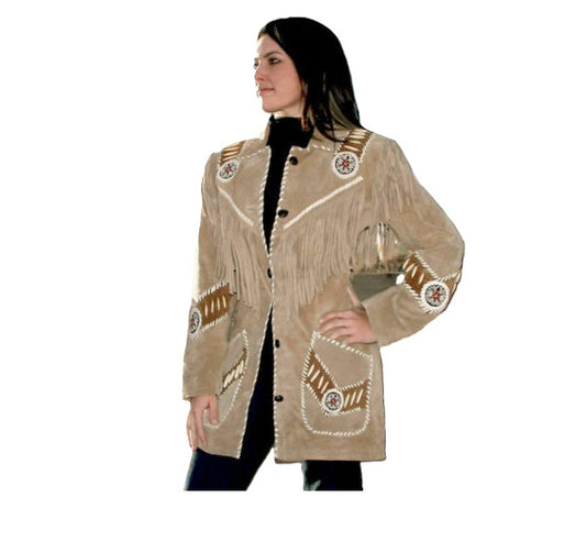 Western Look Beige Suede Leather Fringes Beaded Jacket For Women WWJ502