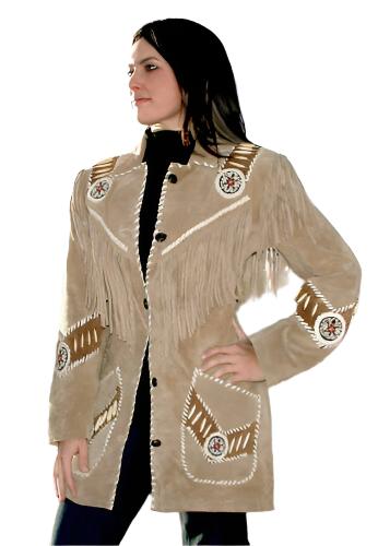 Cowgirl Beige Suede Fringes Bone Beaded Jacket WWJ779