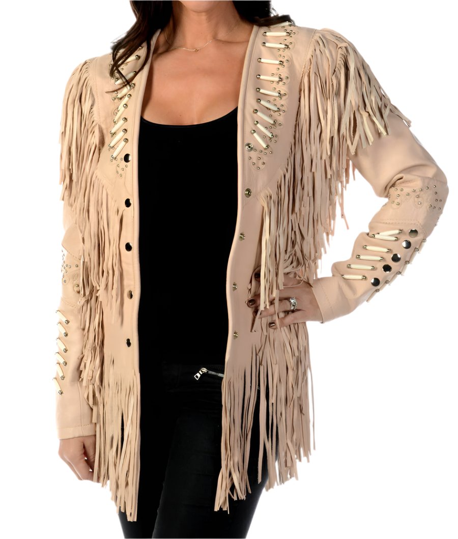 Cowgirl Beige Leather Fringes Bone Jacket WWJ780