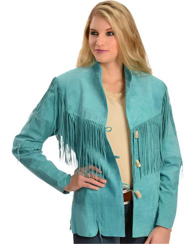 Turquoise Suede Leather Fringes Jacket For Women WWJ692