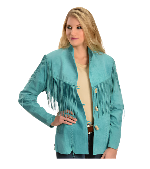 Turquoise Suede Leather Fringes Jacket For Women WWJ692