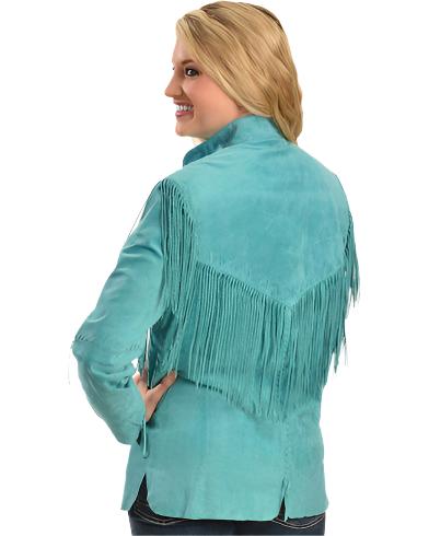 Turquoise Suede Leather Fringes Jacket For Women WWJ692