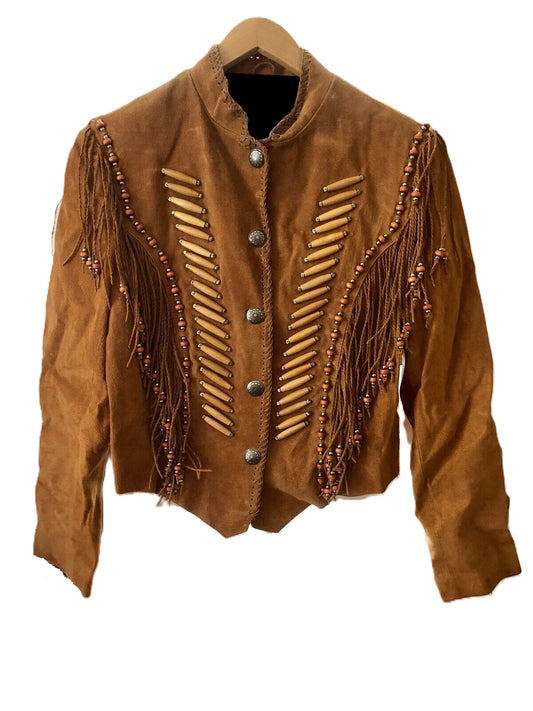 Brown Suede Leather Twisted Fringes Beaded Jacket Cowgirl WWJ558