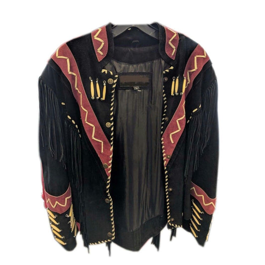 Black Suede Leather Fringe Bone Jacket For Women WWJ712