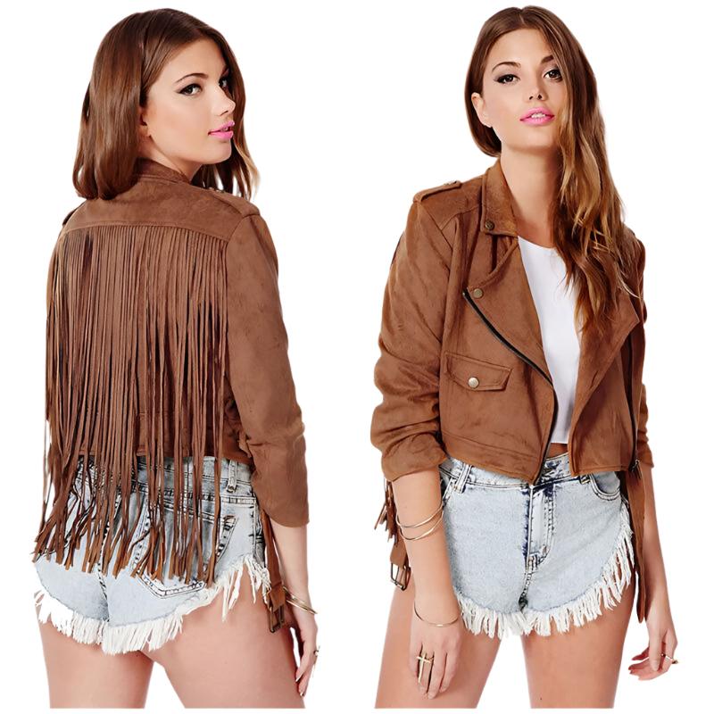 Cowgirl Brown Suede Leather Long Fringe Biker Jacket WWJ768