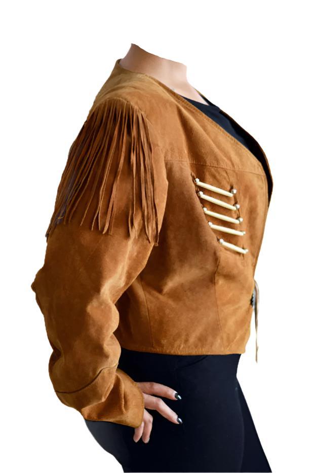 Cowgirl Brown Suede Leather Fringe Bone Work Jacket WWJ736