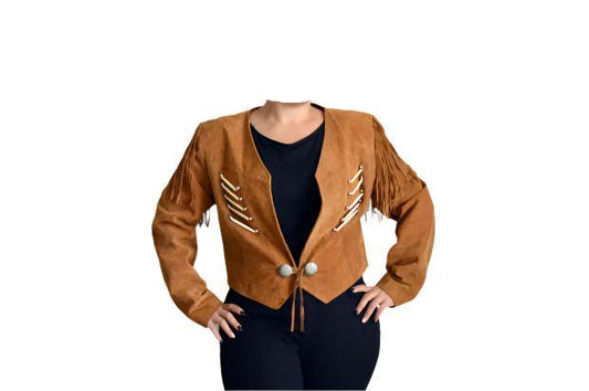 Cowgirl Brown Suede Leather Fringe Bone Work Jacket WWJ736