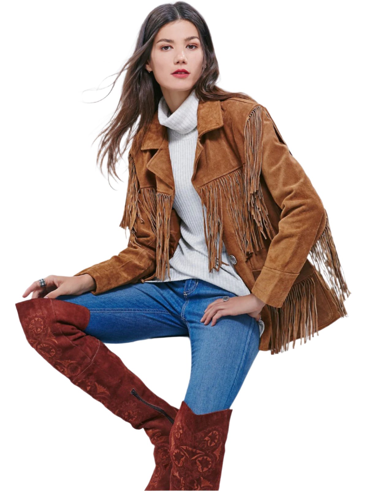 Cowgirl Brown Suede Leather Long Fringe Jacket WWJ646