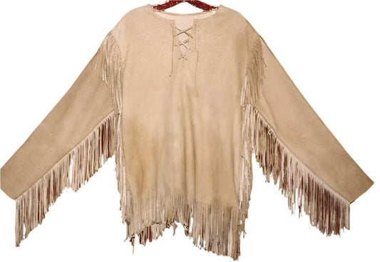 Men's Western Beige Buckskin Suede Hide Fringes Pullover War Shirt MMS138