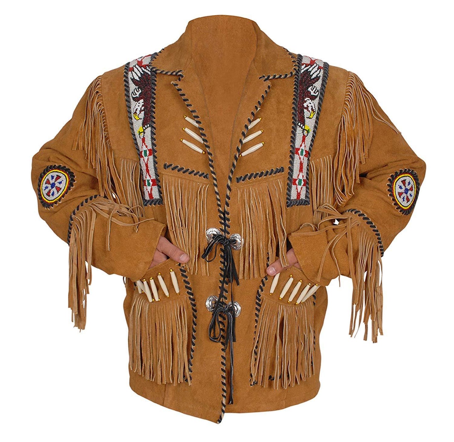 Men's Western Golden Brown Buckskin Suede Leather Fringes Jacket MWJ102