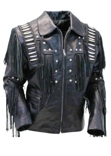 Men's Western Black Leather Fringe Bone Studded Warrior Jacket MW864