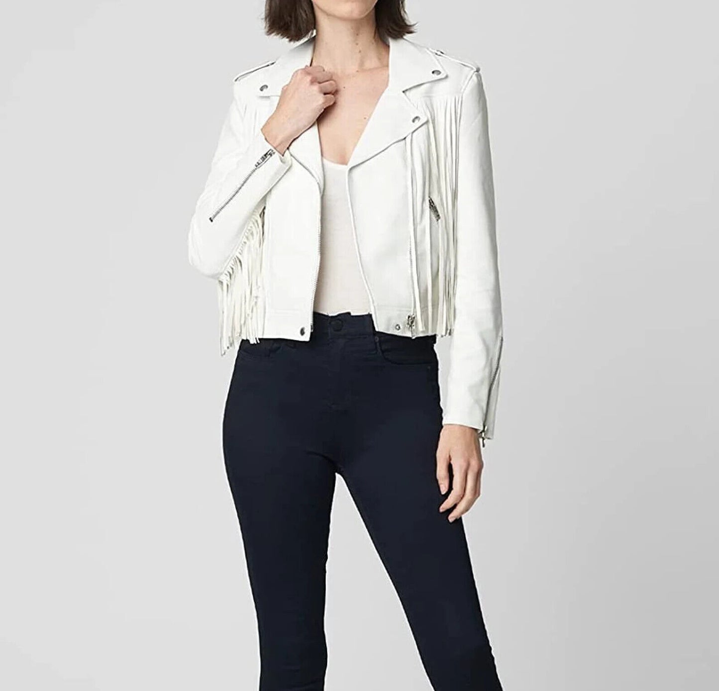 Cowgirl White Leather Long Fringes Biker Jacket WWJ563