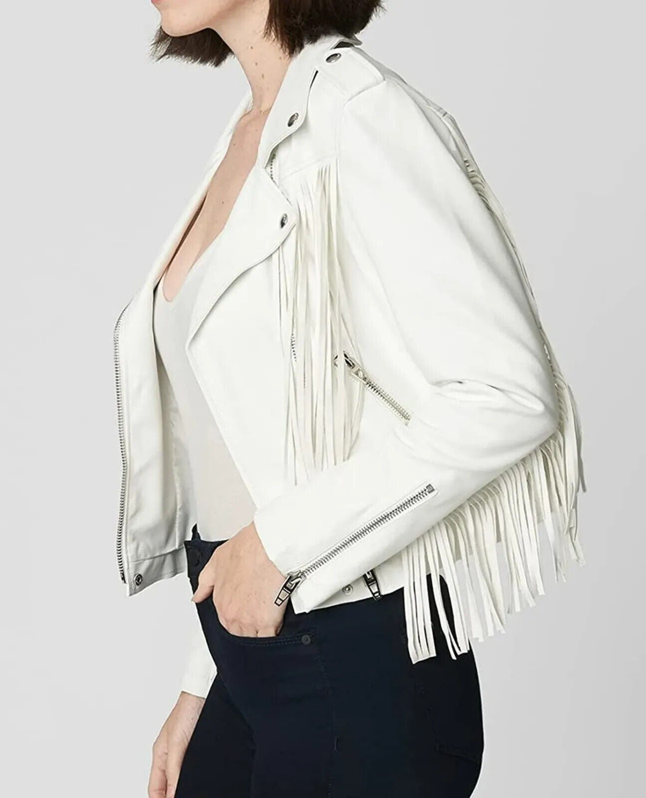 Cowgirl White Leather Long Fringes Biker Jacket WWJ563