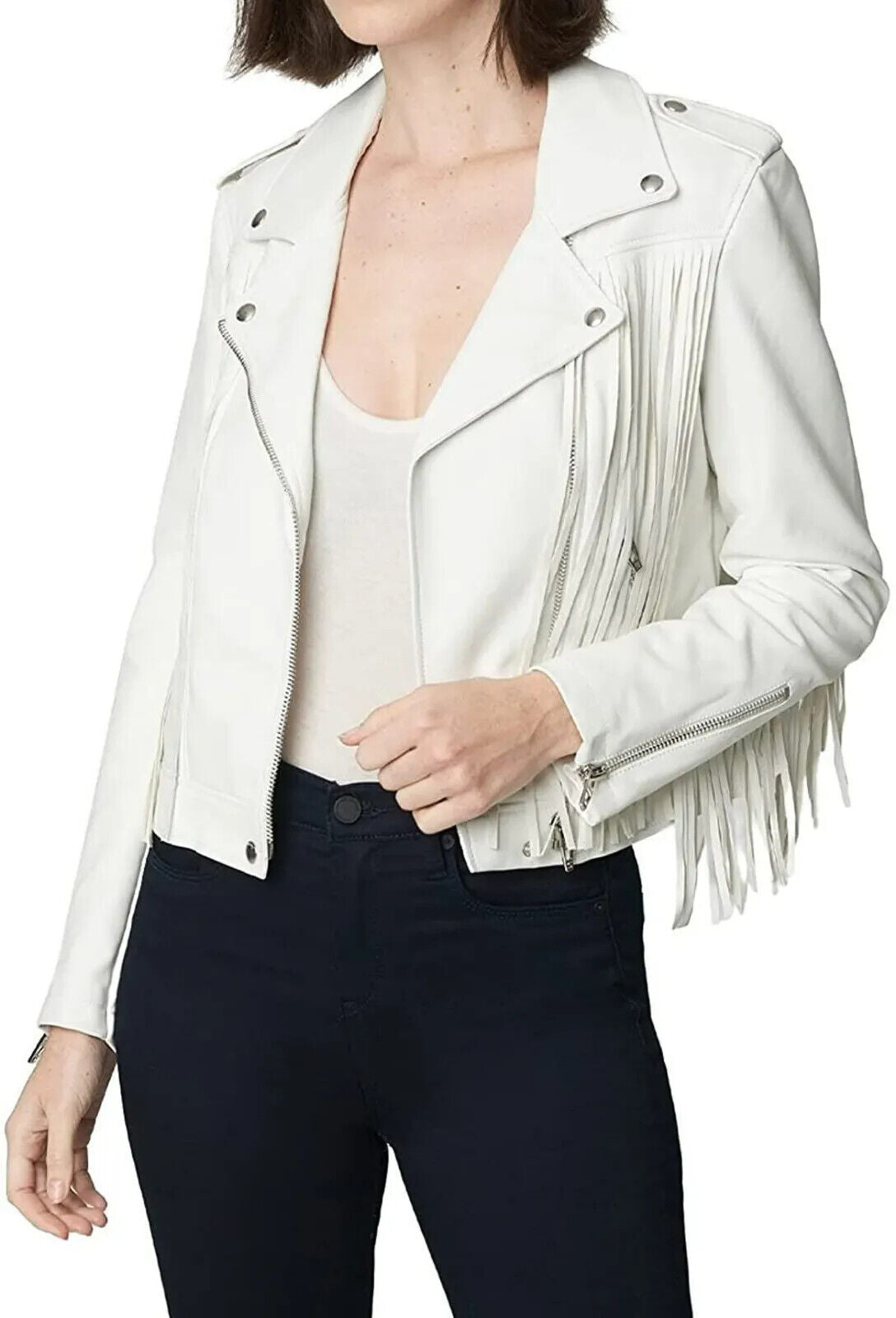 Cowgirl White Leather Long Fringes Biker Jacket WWJ563