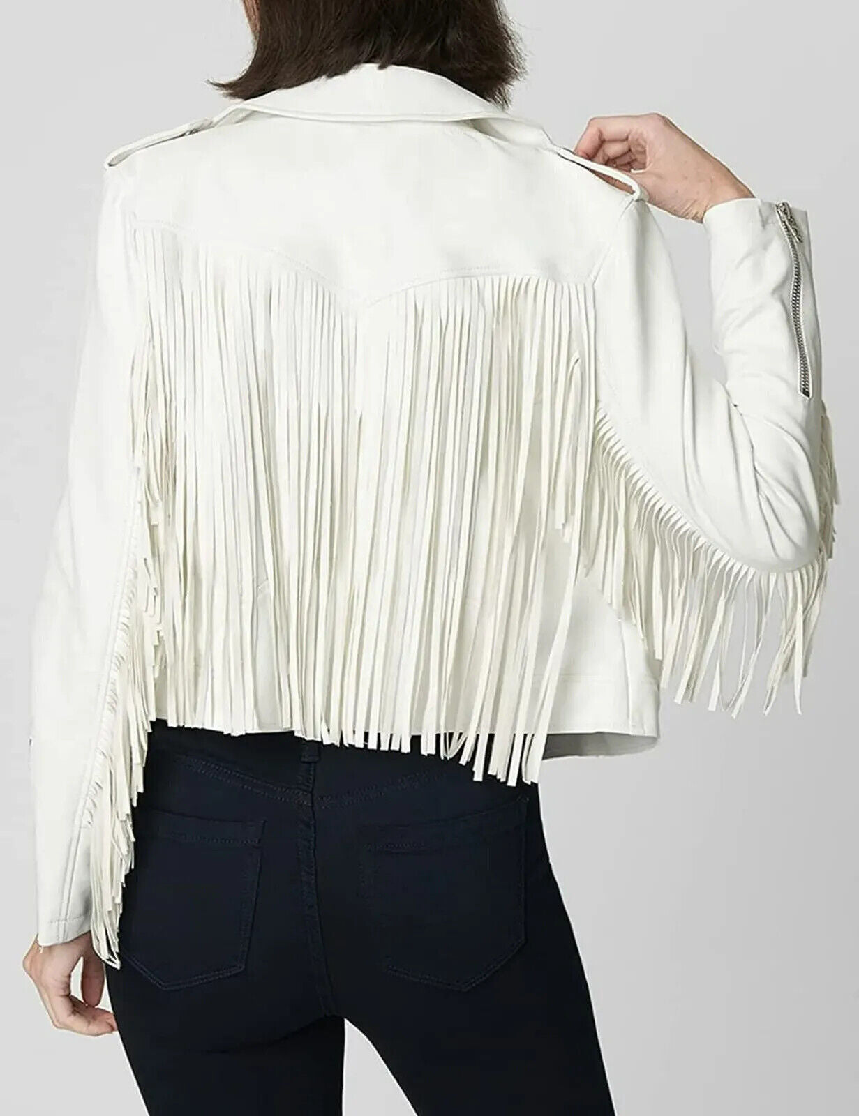 Cowgirl White Leather Long Fringes Biker Jacket WWJ563