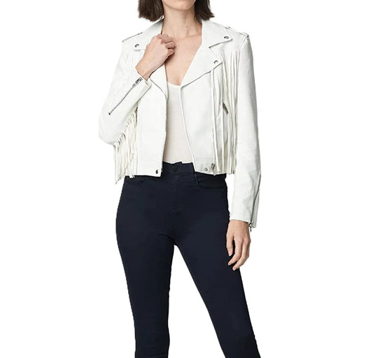 Cowgirl White Leather Long Fringes Biker Jacket WWJ563