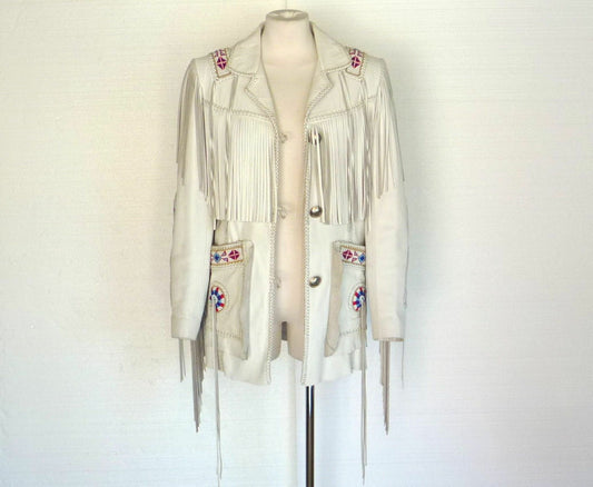 White Leather Long Fringes Beaded Jacket For Women WWJ564