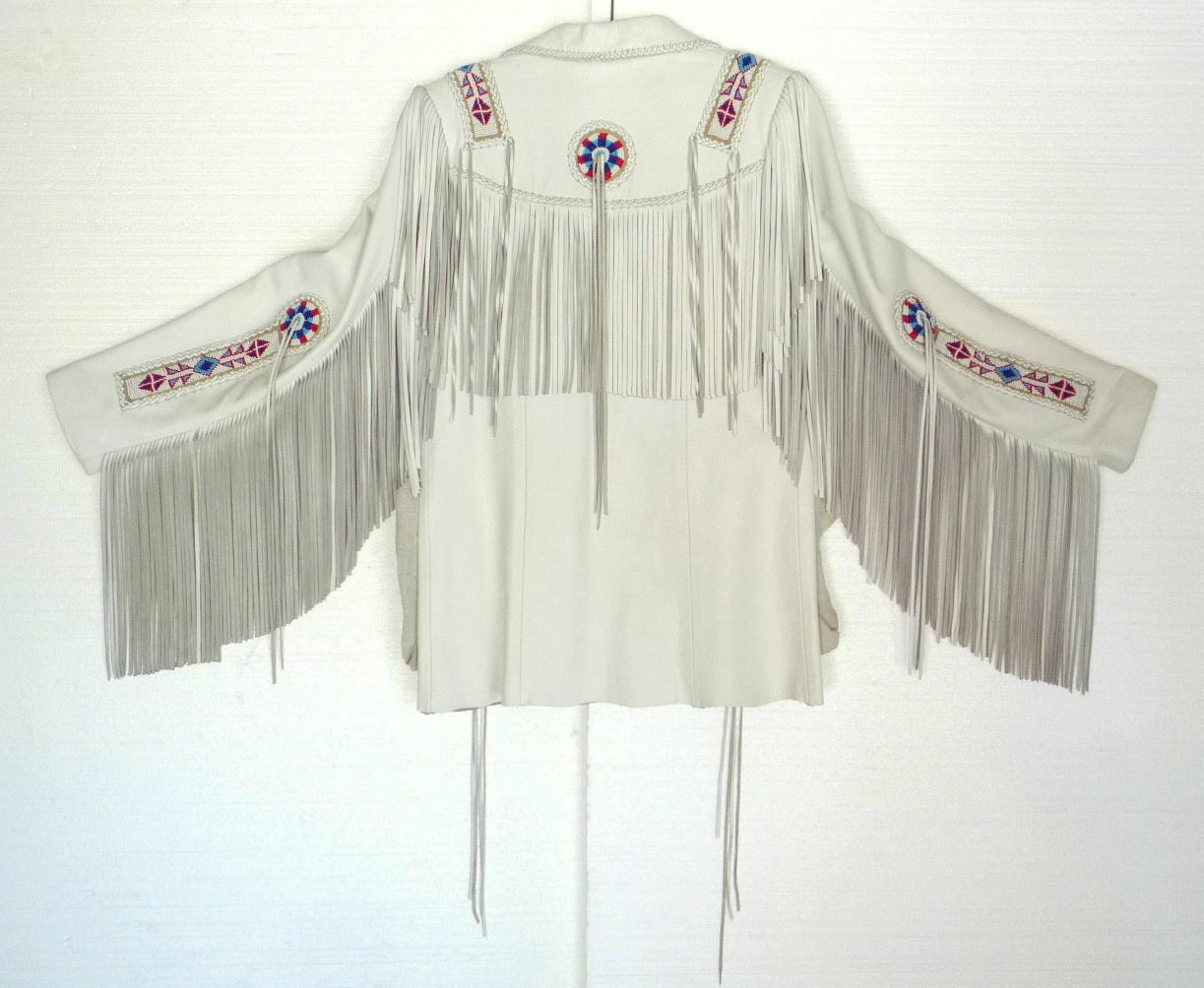 White Leather Long Fringes Beaded Jacket For Women WWJ564