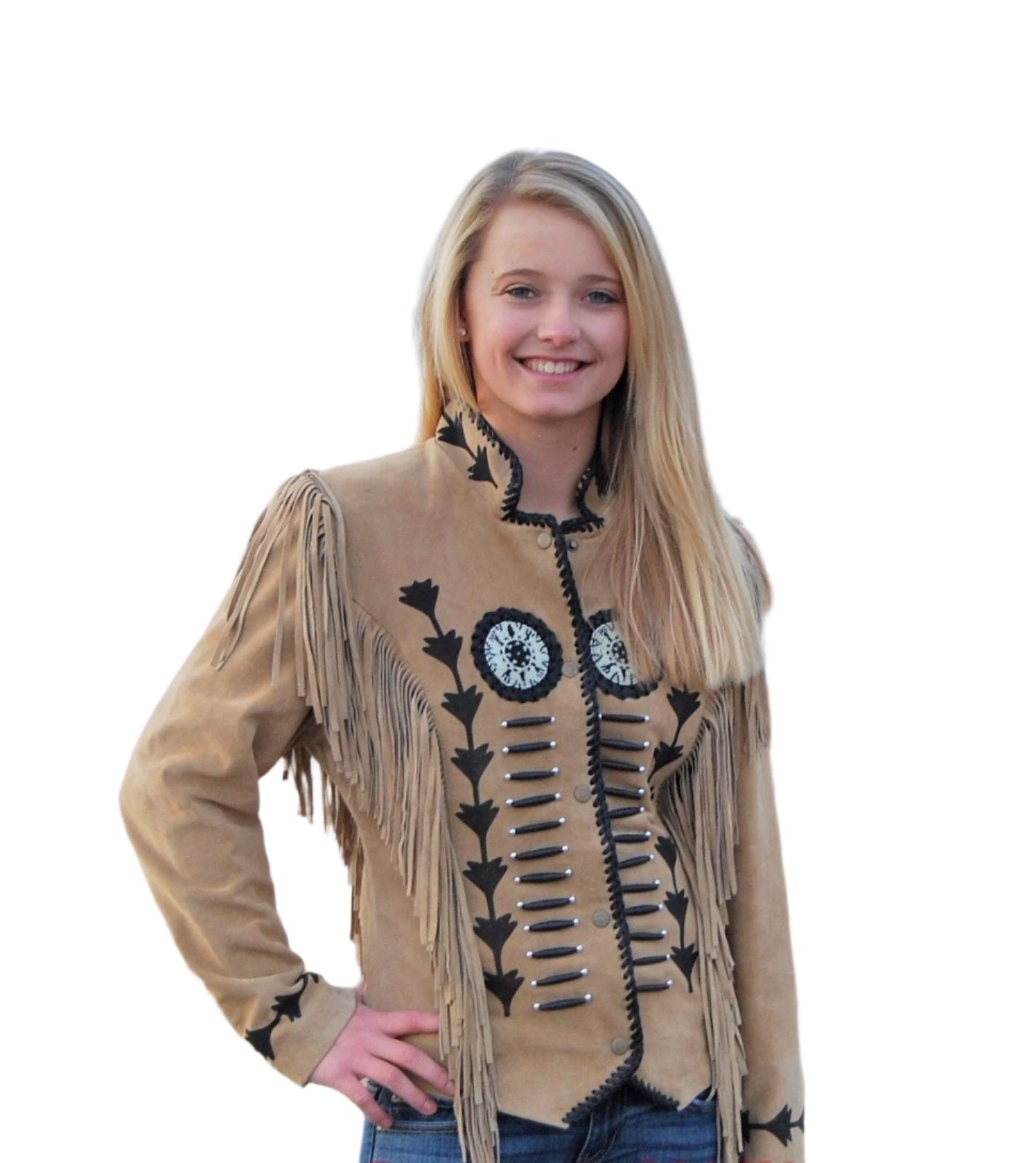 Cowgirl Beige Suede Leather Fringes Bone Beaded Jacket WWJ722