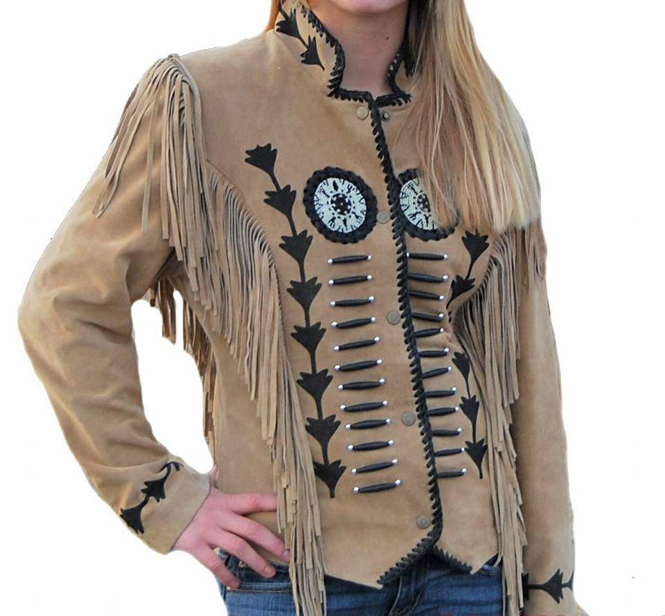 Cowgirl Beige Suede Leather Fringes Bone Beaded Jacket WWJ722