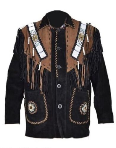 Men's Western Black Suede Leather Fringe Bead work Jacket MW866