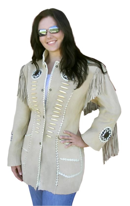 Western Beige Suede Leather Fringe Beaded Jacket For Women WWJ667