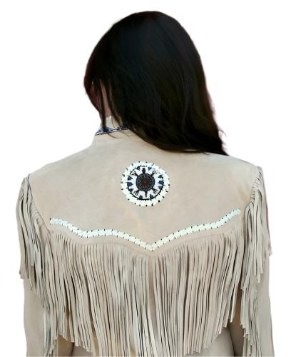 Western Beige Suede Leather Fringe Beaded Jacket For Women WWJ667