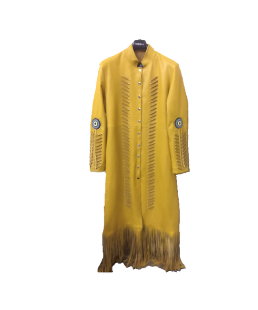 Cowgirl Yellow Golden Leather Fringe Bone Beaded Long Dress WWD401