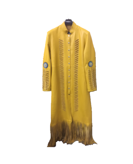 Cowgirl Yellow Golden Leather Fringe Bone Beaded Long Dress WWD401