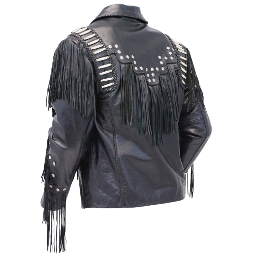 Men's Western Black Leather Fringe Bone Studded Warrior Jacket MW864