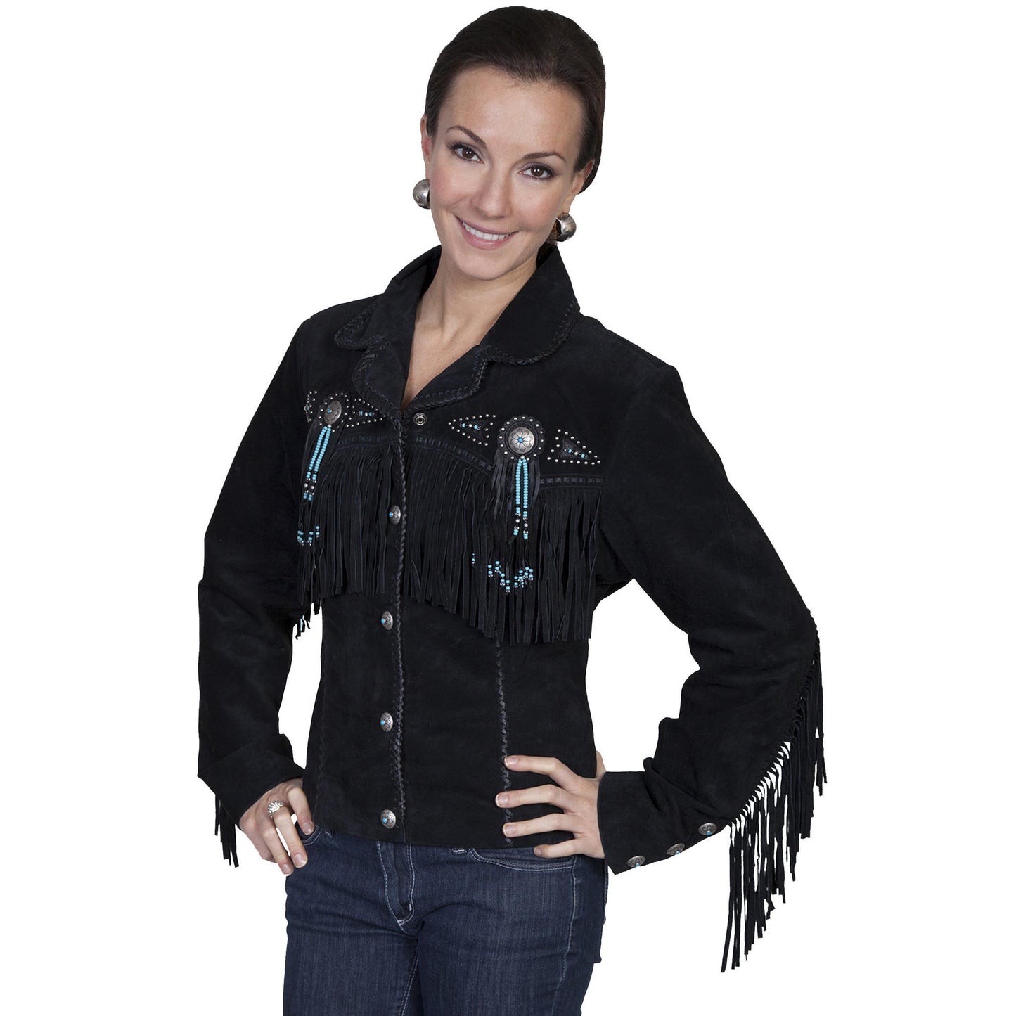 Black Suede Leather Fringe Beaded Jacket For Women WWJ550