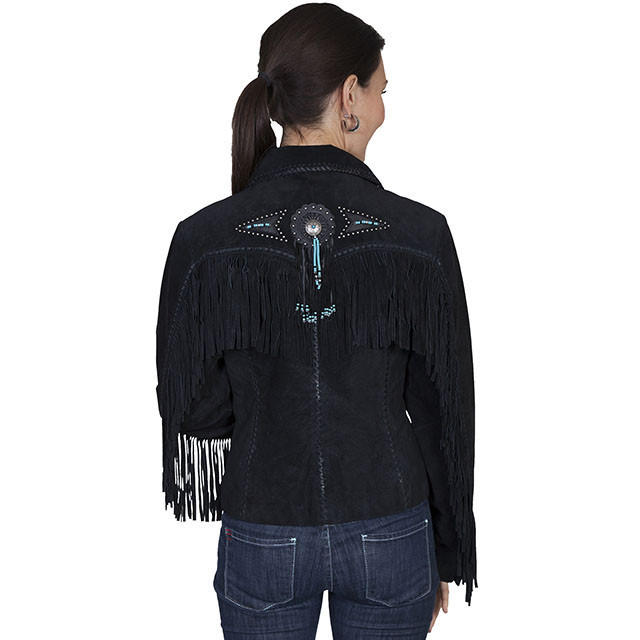 Black Suede Leather Fringe Beaded Jacket For Women WWJ550