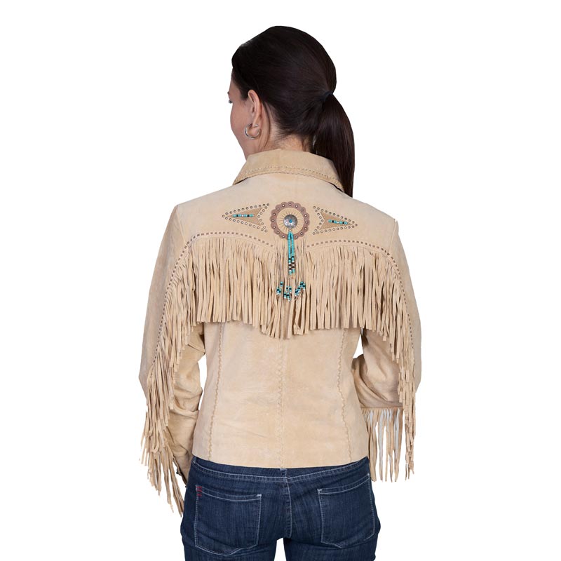 Beige Suede Leather Fringes Jacket For Women WWJ518