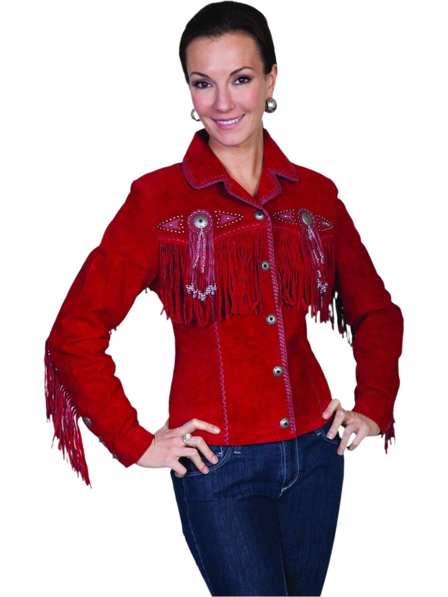 Western Cowgirl Red Suede Leather Fringe Jacket WWJ581